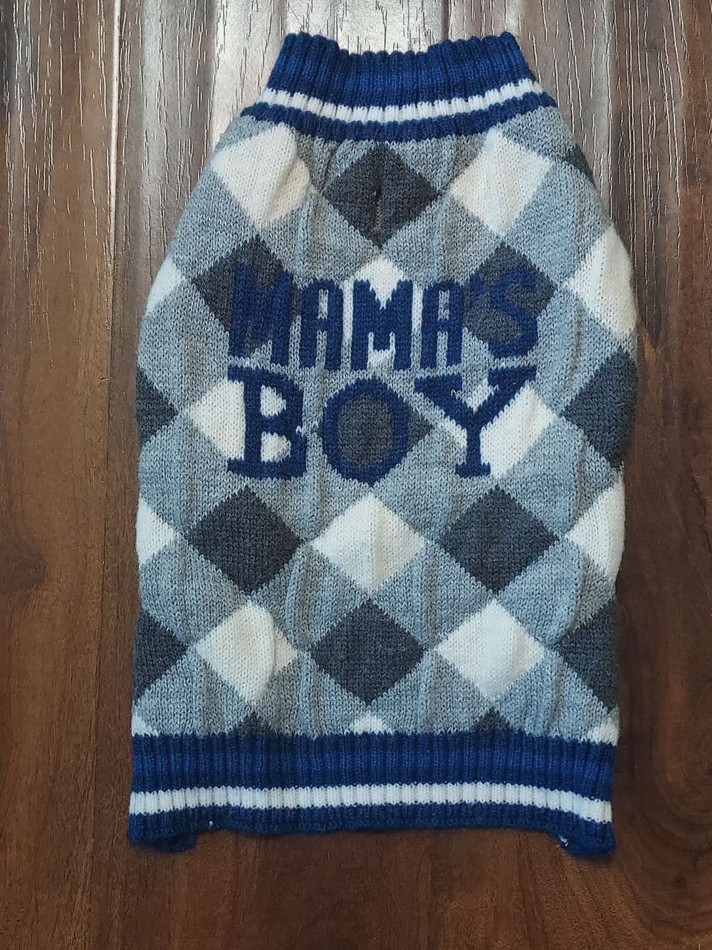 Mama's Boy Argyle Dog Sweater - Blue/Grey/White